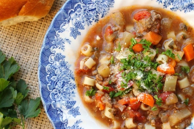 Eggplant Supper Soup with Ground Beef and Pasta in bowl