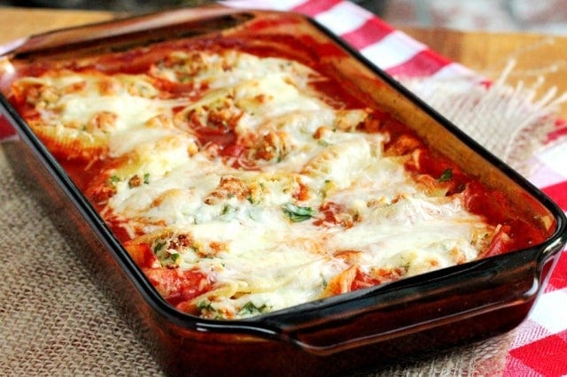 Cheese Stuffed Shells with Sauce in dish