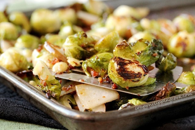 Bourbon and Maple Brussels Sprouts with Bacon on baking pan