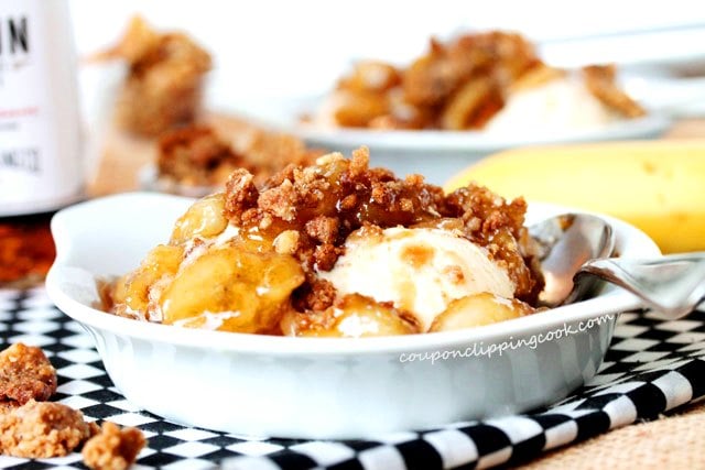 Bananas and Bourbon Dessert with Vanilla Ice Cream in bowl