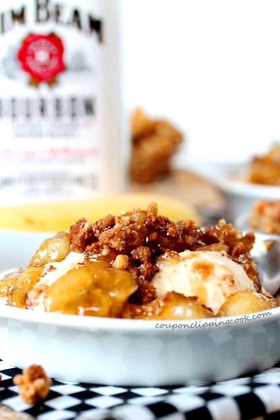 Bananas and Bourbon Dessert with Vanilla Ice Cream in bowl