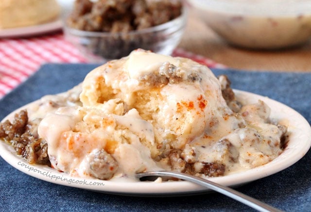 Skillet Biscuits and Sage Sausage Gravy on plate