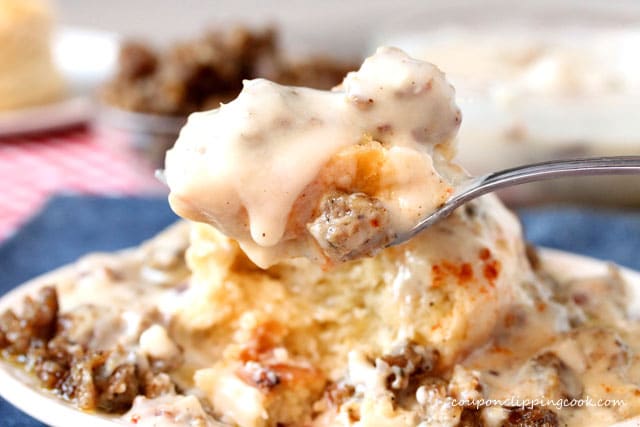 Skillet Biscuits and Sage Sausage Gravy on fork
