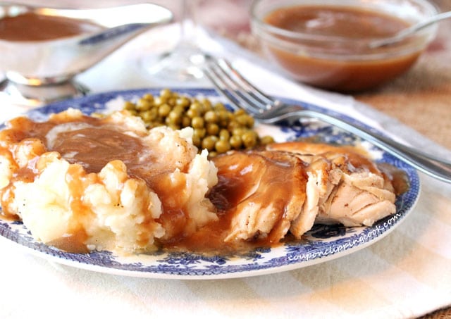 Turkey Gravy on Mashed Potatoes on plate