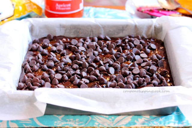 Chocolate chip topping on brownie batter