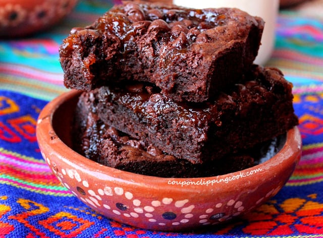 Bite from chocolate chip chipotle brownies