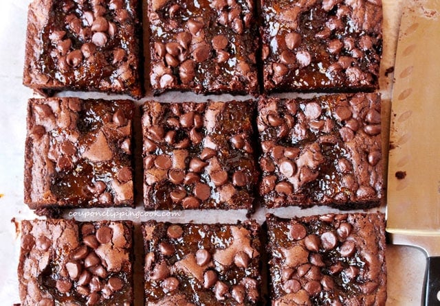 Baked cut brownies on paper