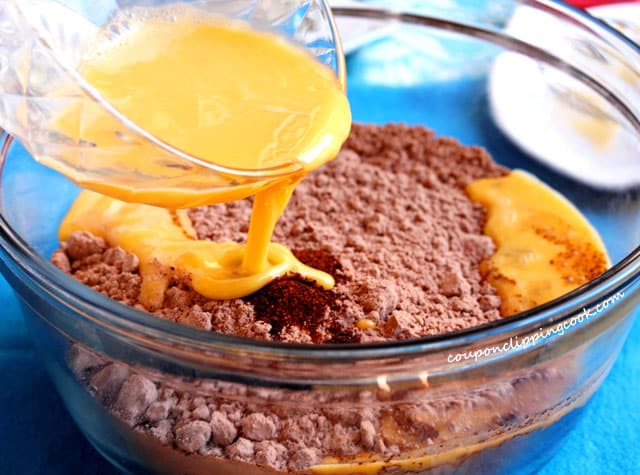 Add beaten eggs to brownie mix