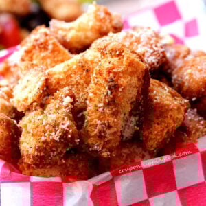 Parmesan seasoned croutons in basket