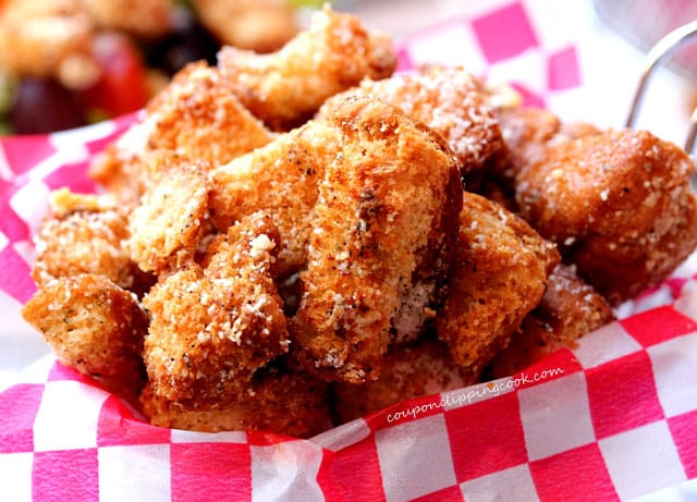Parmesan seasoned croutons in basket