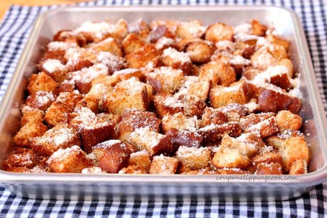 Baked Parmesan croutons on pan