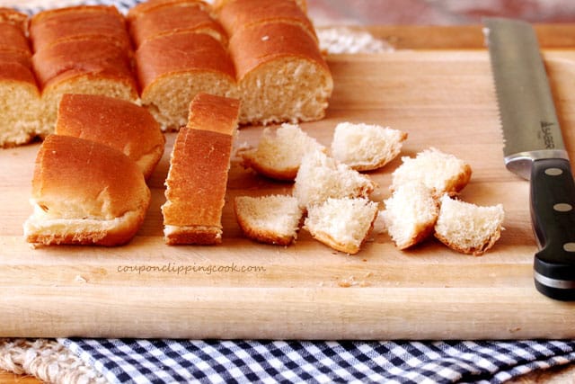 Cut hot dog buns for croutons